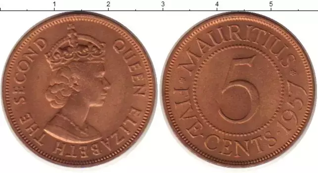 Монета 5 центов Маврикия 1957 года Медь Елизавета II