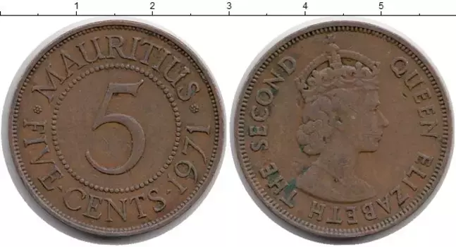 Монета 5 центов Маврикия 1971 года Медь Елизавета II