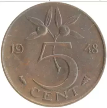 Монета 5 центов Нидерланд 1948 года Бронза Вильгельмина