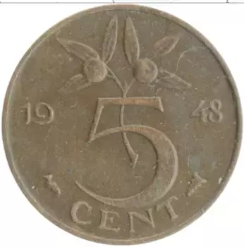 Монета 5 центов Нидерланд 1948 года Бронза Вильгельмина