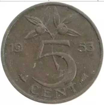 Монета 5 центов Нидерланд 1953 года Бронза Юлиана