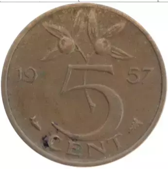 Монета 5 центов Нидерланд 1957 года Бронза Юлиана
