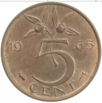 Монета 5 центов Нидерланд 1965 года Бронза Юлиана