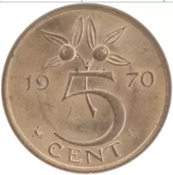 Монета 5 центов Нидерланд 1970 года Бронза Юлиана