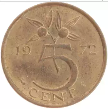 Монета 5 центов Нидерланд 1972 года Бронза Юлиана