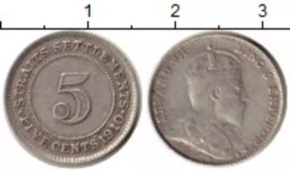 Монета 5 центов Стрейтс-Сеттльмента 1910 года Серебро Эдуард VII