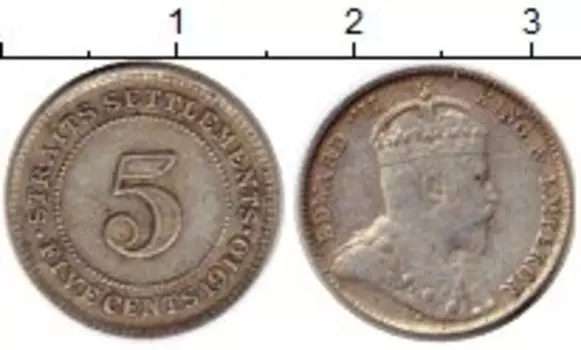 Монета 5 центов Стрейтс-Сеттльмента 1910 года Серебро Эдуард VII
