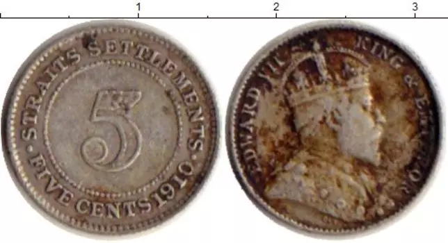 Монета 5 центов Стрейтс-Сеттльмента 1910 года Серебро Эдуард VII