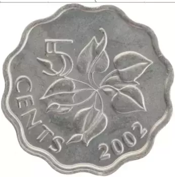 Монета 5 центов Свазиленда 2002 года Медно-никель Мсвати III