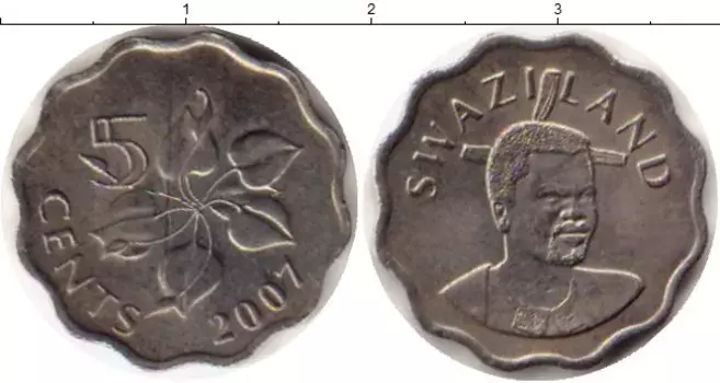 Монета 5 центов Свазиленда 2007 года Медно-никель Мсвати III