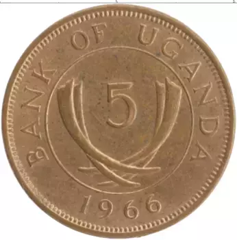 Монета 5 центов Уганды 1966 года Бронза