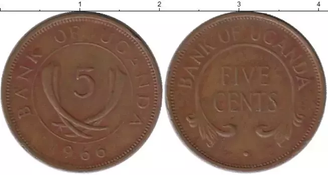 Монета 5 центов Уганды 1966 года Бронза