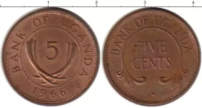 Монета 5 центов Уганды 1966 года Бронза