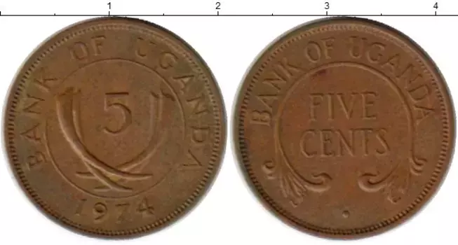 Монета 5 центов Уганды 1974 года Бронза