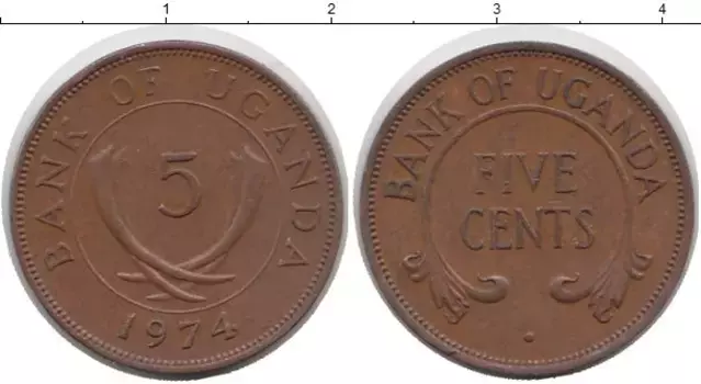 Монета 5 центов Уганды 1974 года Медь