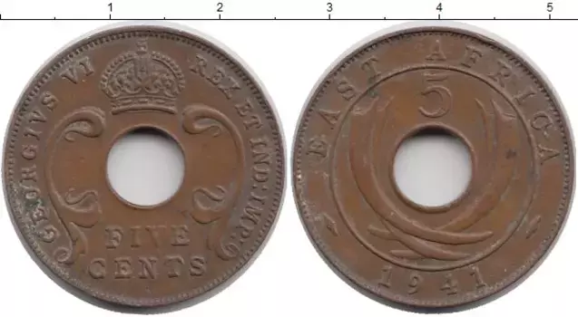 Монета 5 центов Восточной Африки 1941 года Бронза Георг VI
