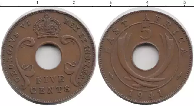 Монета 5 центов Восточной Африки 1941 года Бронза Георг VI