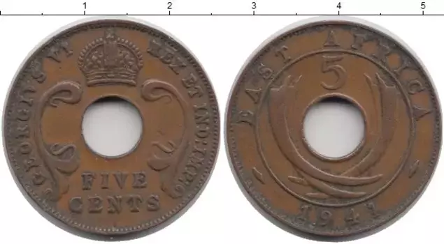 Монета 5 центов Восточной Африки 1941 года Бронза Георг VI