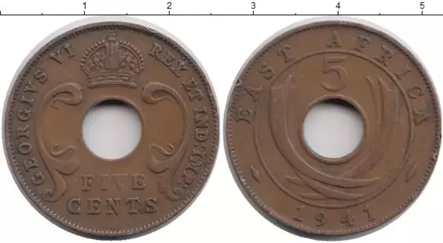 Монета 5 центов Восточной Африки 1941 года Бронза Георг VI