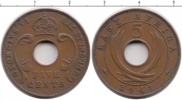 Монета 5 центов Восточной Африки 1941 года Бронза Георг VI