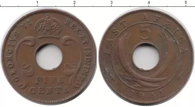 Монета 5 центов Восточной Африки 1941 года Бронза Георг VI