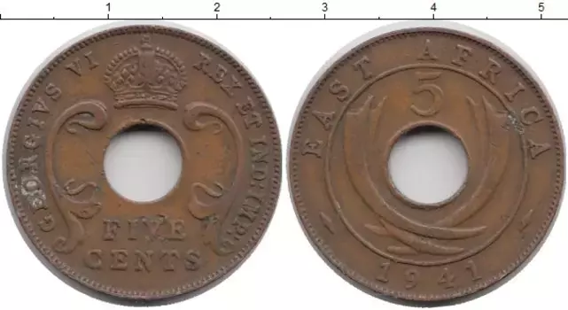 Монета 5 центов Восточной Африки 1941 года Бронза Георг VI