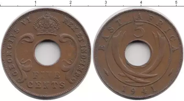 Монета 5 центов Восточной Африки 1941 года Бронза Георг VI