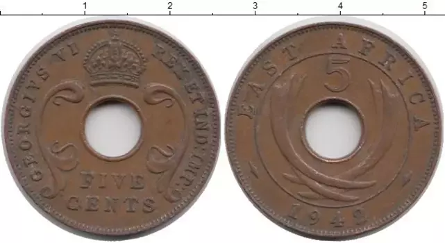 Монета 5 центов Восточной Африки 1942 года Бронза Георг VI