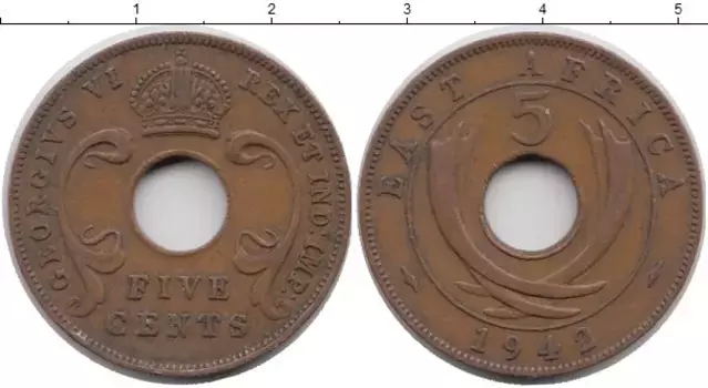 Монета 5 центов Восточной Африки 1942 года Бронза Георг VI