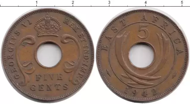 Монета 5 центов Восточной Африки 1942 года Бронза Георг VI