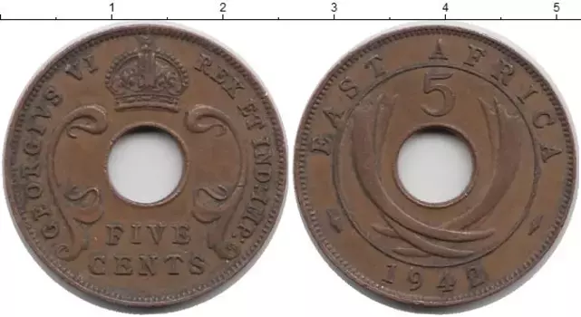 Монета 5 центов Восточной Африки 1942 года Бронза Георг VI