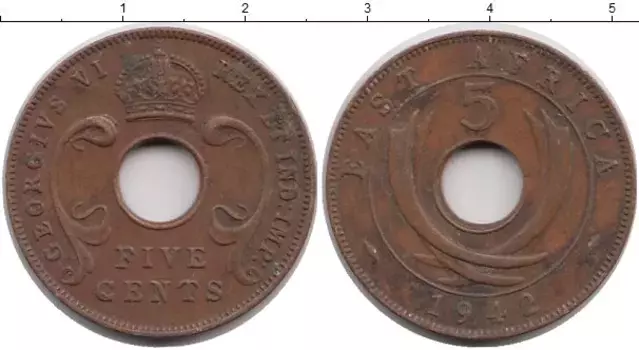 Монета 5 центов Восточной Африки 1942 года Бронза Георг VI