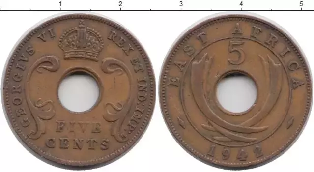 Монета 5 центов Восточной Африки 1942 года Бронза Георг VI