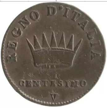 Монета 5 чентезимо Италии 1810 года Медь Наполеон