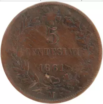 Монета 5 чентезимо Италии 1861 года Бронза Витторио Эмануил II