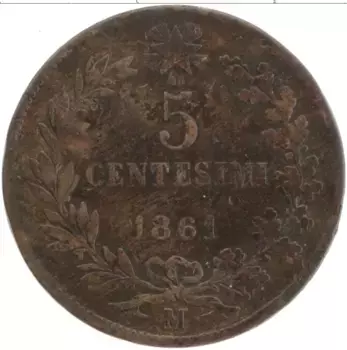 Монета 5 чентезимо Италии 1861 года Медь Виктор Эммануил II