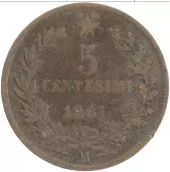 Монета 5 чентезимо Италии 1861 года Медь Витторио Эммануил II