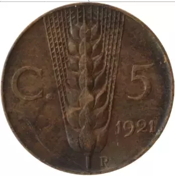 Монета 5 чентезимо Италии 1921 года Бронза Витторио Эммануил III