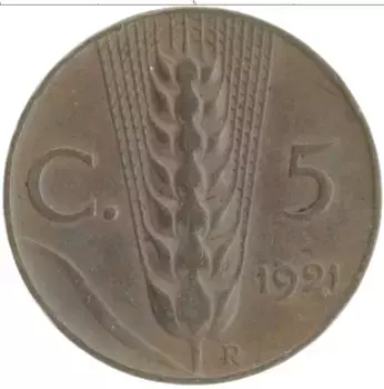 Монета 5 чентезимо Италии 1921 года Медь Витторио Эммануил III