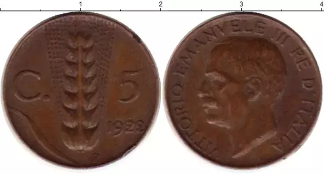Монета 5 чентезимо Италии 1922 года Бронза Пшеница