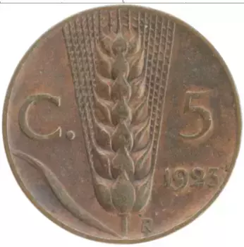 Монета 5 чентезимо Италии 1923 года Медь Виктор Эммануил III