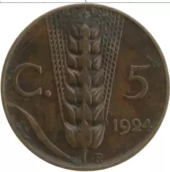 Монета 5 чентезимо Италии 1924 года Бронза Виктор Эммануил III