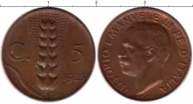 Монета 5 чентезимо Италии 1925 года Бронза Колос
