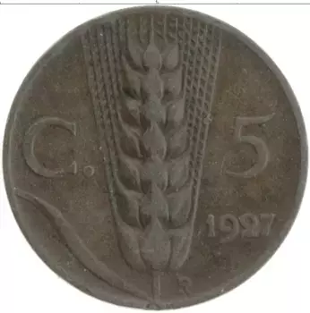 Монета 5 чентезимо Италии 1927 года Бронза Виктор Эммануил III