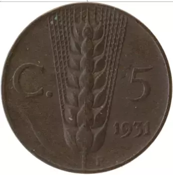 Монета 5 чентезимо Италии 1931 года Бронза Витторио Эммануил III