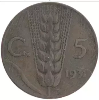 Монета 5 чентезимо Италии 1931 года Бронза Виктор Эммануил III