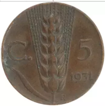 Монета 5 чентезимо Италии 1931 года Медь Виктор Эммануил III