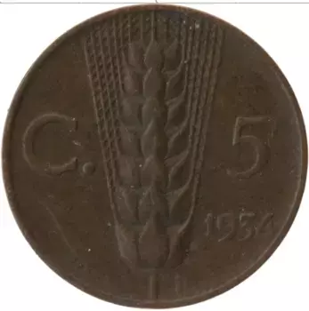 Монета 5 чентезимо Италии 1934 года Бронза Витторио Эммануил III