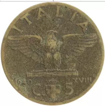Монета 5 чентезимо Италии 1940 года Бронза Витторио Эммануил III