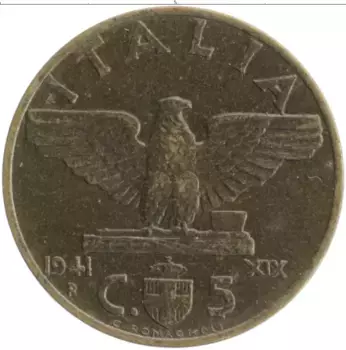 Монета 5 чентезимо Италии 1941 года Бронза Витторио Эммануил III